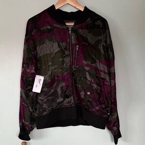 Evereve Marrakech Deep Purple Camo Satin Bomber Jacket, Size Large